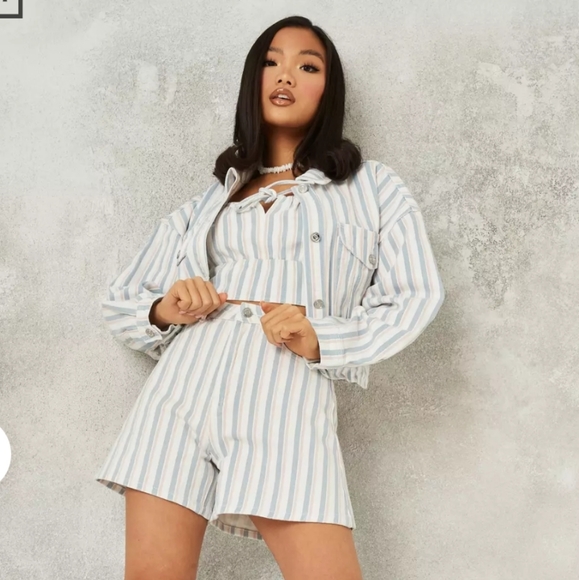 Blue Co-Ord Striped Square Neck Denim Top - Picture 1 of 4